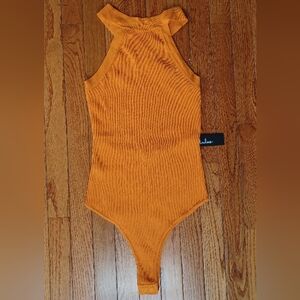 Lulus NWT Sz Large Call a Halt Orange Ribbed Knit Halter Backless Bodysuit